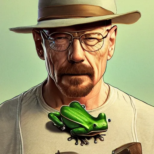 Image similar to a frog and walter white, intricate, highly detailed, digital painting, artstation, concept art, smooth, sharp focus, illustration, unreal engine 5, 8 k, art by artgerm and greg rutkowski and alphonse mucha