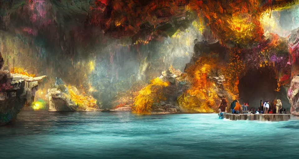 Prompt: a river in a marble cave system with big tea cups floating down it carrying people, vivid colors, matte painting, 8K, concept art, mystical color scheme, trending on artstation