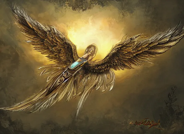 Prompt: concept art of an angelic apache fighter jet with golden feathery bird wings with ornate rococo patterns flying over an enchanted forest, solarpunk, fantasy art, art book