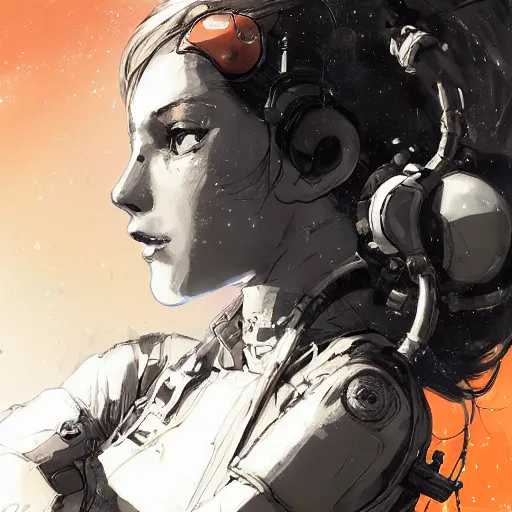 Prompt: highly detailed portrait of a young astronaut lady with a brown curly hair by Dustin Nguyen, Akihiko Yoshida, Greg Tocchini, Greg Rutkowski, Cliff Chiang, 4k resolution, nier:automata inspired, bravely default inspired, vibrant but dreary orange, black and white color scheme!!! ((Space nebula background))