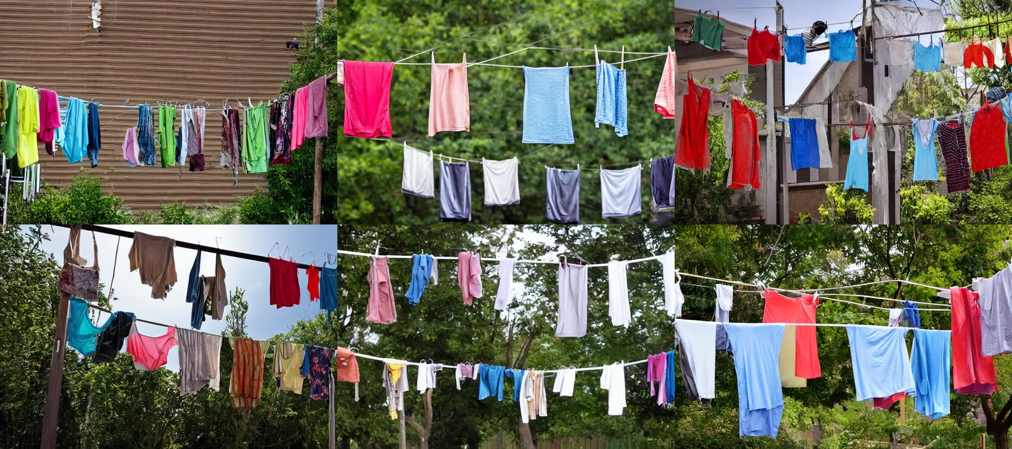 Prompt: washing hanging on the clothesline outside, birds are pegs using their claws to hold the washing onto the line.