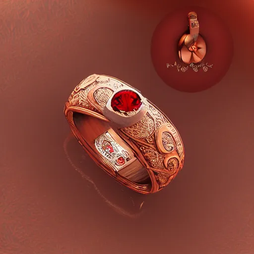 Prompt: wood carving artwork, engagement ring, red jewel, intricate, highly detailed, octane render, photorealistic