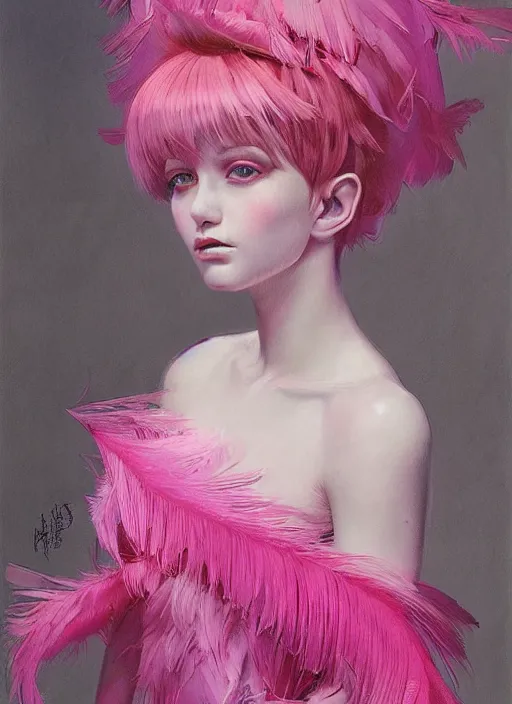 Image similar to beautiful young girl with an pink eccentric haircut wearing an dress made of feathers, artwork made by ilya kuvshinov, inspired in donato giancola, hd, ultra realistic, reflection, stage