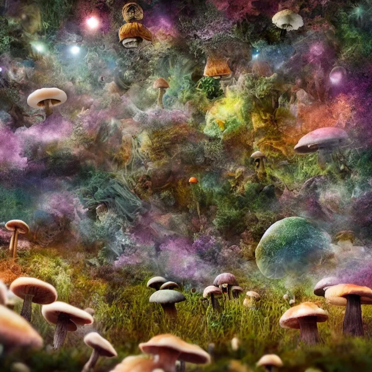 Image similar to a planet of various fungus, mushrooms and plants, inside the picture is infinity, Atmospheric phenomenon, artistic photography, muted colors, conceptual, long exposure outside the city, volumetric light