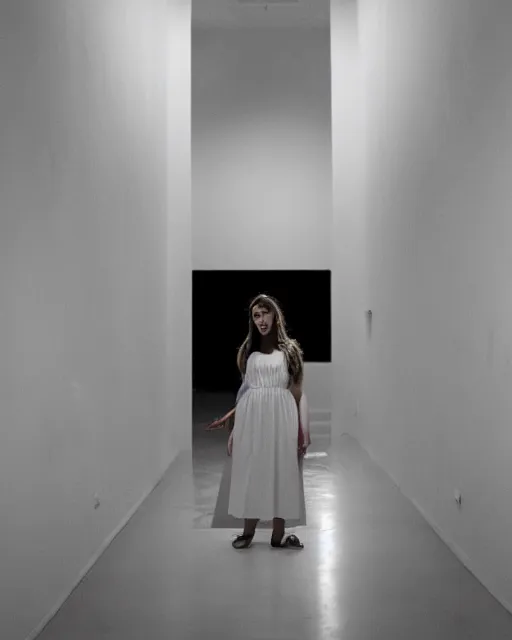 Prompt: a beautiful and eerie instant photo of a pretty young woman wearing a white dress standing in a vast and empty gallery with blood on the walls, and moonlight shining through the windows, something sinister is happening behind her