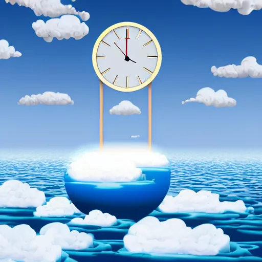 Prompt: a clock floating on an floating island, there are clouds around, it is on earth, on the background there are other floating islands too, cartoony, 4 k resolution, award winning