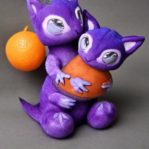 Image similar to small cute purple dragon, the dragon is hugging an orange tabby cat, soft, cozy