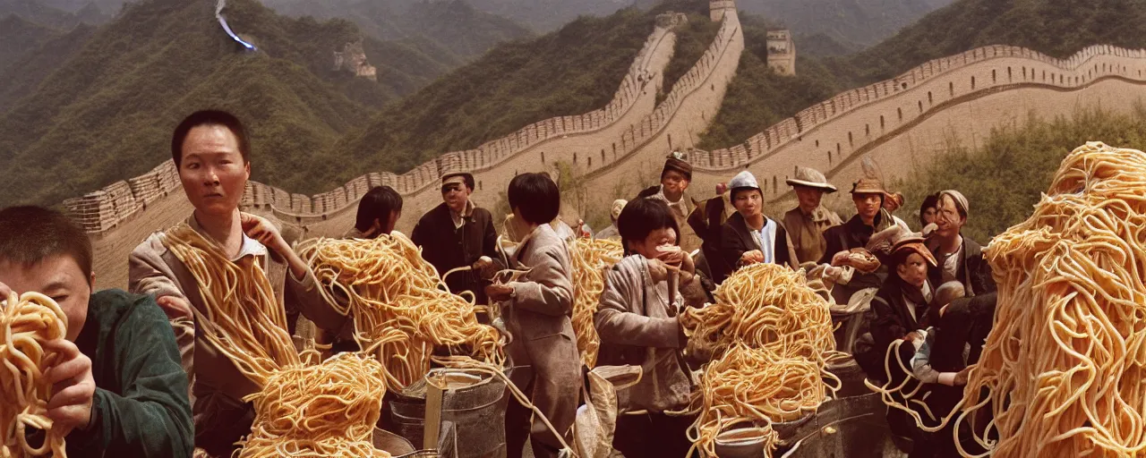 Image similar to eating spaghetti while constructing the great wall of china, fine detail, canon 5 0 mm, in the style of diane arbus, in the style wes anderson, kodachrome, retro