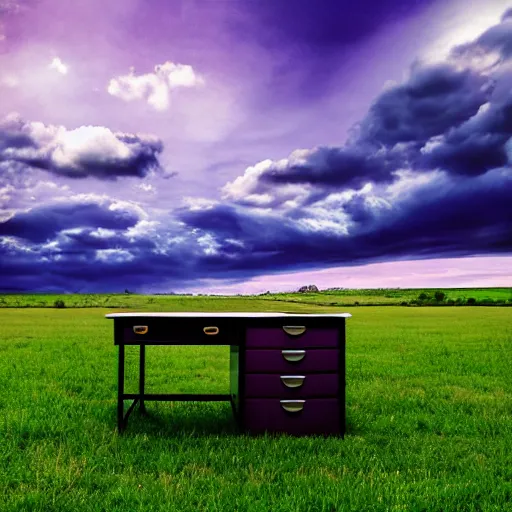 Prompt: photo of a desk on a purple field blue clouds