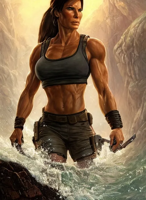 Image similar to muscled Sandra Bullock as Lara Croft as a ruggedly handsome heroine jumping off a glowing artifact lodged in shallow water, intricate, elegant, highly detailed, artstation, concept art, smooth, sharp focus, illustration, bokeh art by artgerm and donato giancola and Joseph Christian Leyendecker, WLOP, fireflies, distant snowstorm