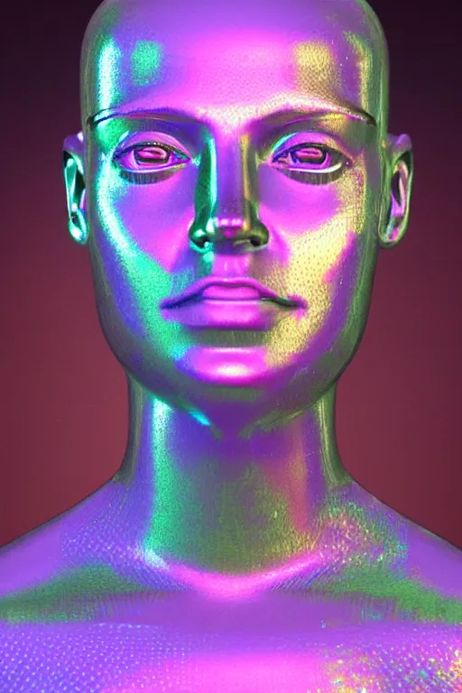 Image similar to 3d render of holographic human robotic bust made of glossy iridescent, bust, surrealistic 3d illustration of a human non-binary, non binary model, 3d model human, cryengine, made of holographic texture, holographic material, holographic rainbow, concept of cyborg and artificial intelligence