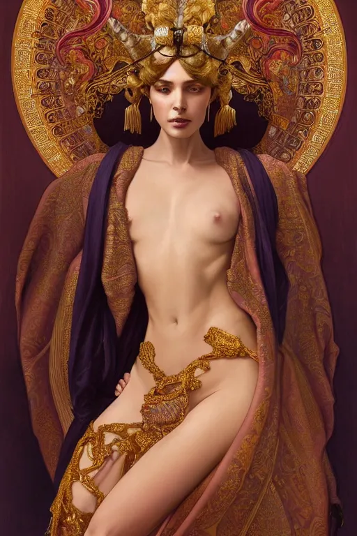 Image similar to body portrait of beautiful roman pincess wearing a flowing silk robe, wearing an ornate ancient headress, by terry o'neill intricate, elegant, highly detailed, digital painting, artstation, concept art, smooth, sharp focus, bold lighting, deep colors, dark background, illustration, art by artgerm and greg rutkowski and alphonse mucha, 8 k