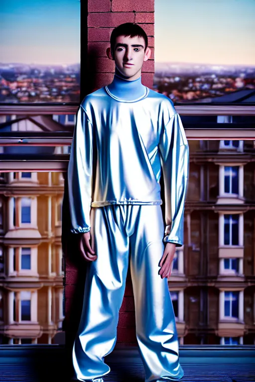 Image similar to un ultra high definition studio quality photographic art portrait of a young man standing on the rooftop of a british apartment building wearing very soft baggy inflated padded silver iridescent pearlescent clothing. three point light. extremely detailed. golden ratio, ray tracing, volumetric light, shallow depth of field. set dressed.