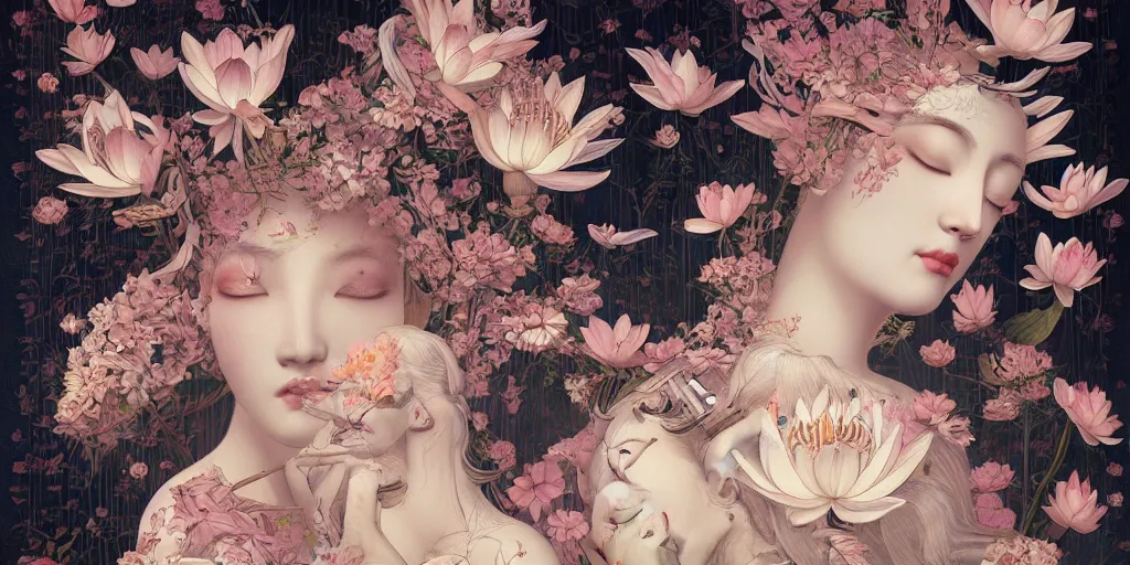 Image similar to breathtaking detailed concept art painting art deco pattern of blonde faces goddesses amalmation lotus flowers with anxious piercing eyes and blend of flowers and birds, by hsiao - ron cheng and john james audubon, bizarre compositions, exquisite detail, extremely moody lighting, 8 k