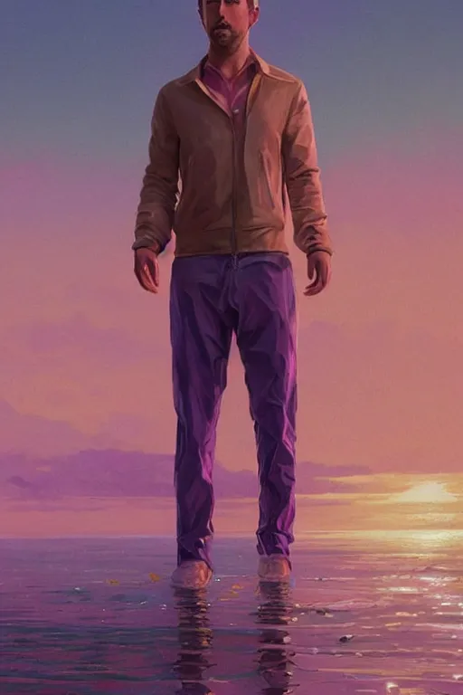 Image similar to ryan gosling robotic clothes in the beach purple sun, pink lighting ultra realistic photorealistic highly detailed high quality, a stunningly, digital painting, artstation, concept art, smooth, sharp focus, illustration, art by artgerm and greg rutkowski and alphonse mucha 8 k