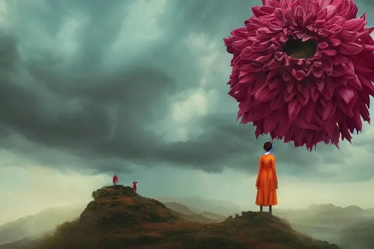 Image similar to face covered giant dahlia flower, girl on mountain, surreal photography, blue storm clouds, dramatic light, impressionist painting, digital painting, artstation, simon stalenhag