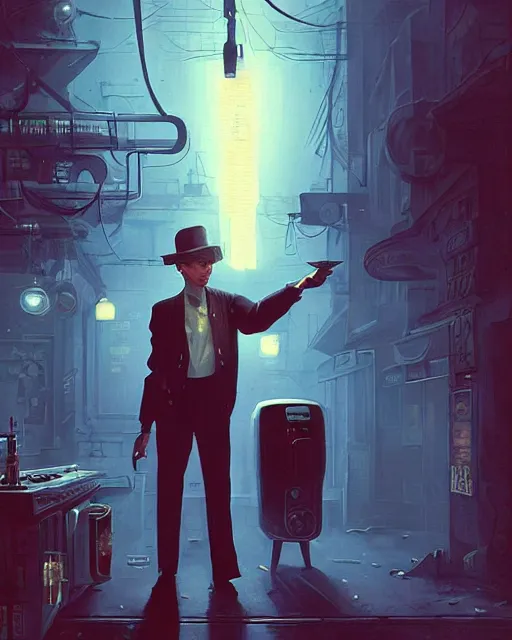 Image similar to young Frank Sinatra as a poor 1950s bartender, dystopia, 1980s Soviet Russia, steampunk, cyberpunk Stephen Bliss, unreal engine, fantasy art by Greg Rutkowski, Loish, Rhads, Makoto Shinkai and Lois van baarle, ilya kuvshinov, rossdraws global illumination, radiant light, detailed and intricate environment