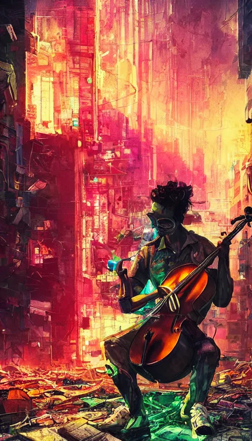 Prompt: a cellist playing in the rubble of a fallen cyberpunk city looming above him, neon color scheme, beautifully lit, concept art, sharp focus, a digital illustration by sam spratt and salvidor dali