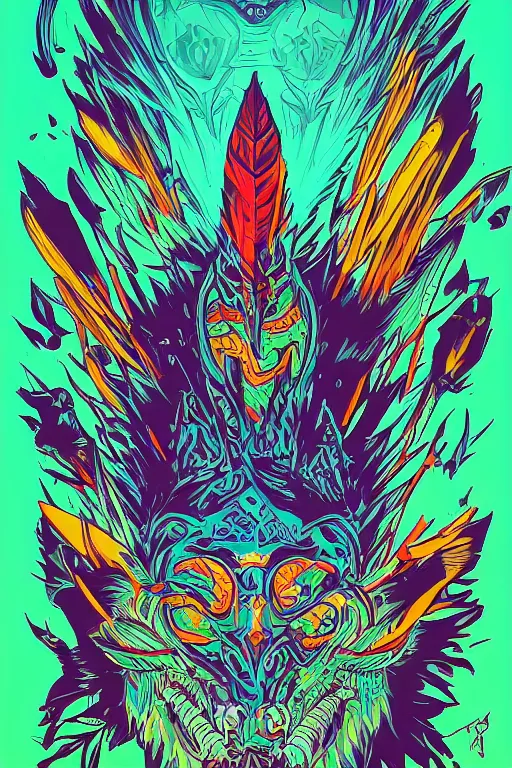 Image similar to totem animal tribal chaman vodoo mask feather gemstone plant video game illustration vivid color borderlands by josan gonzales and dan mumford radiating a glowing aura