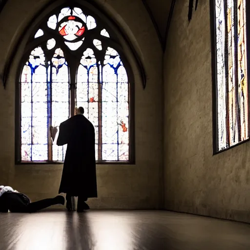 Prompt: angel protecting man who is praying inside a gothic church, studio light, 4K highly detailed, realistic style, playing with with light and dark