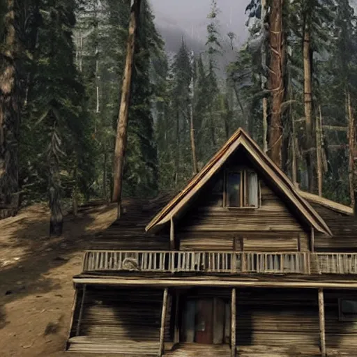 Image similar to a photo of a Eerie cabin in the middle of the woods in the style of GTA V, gameplay footage