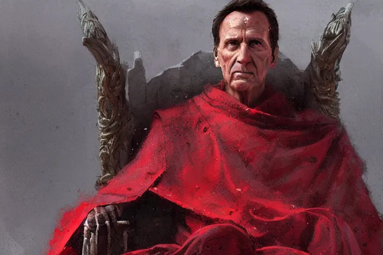 Prompt: the end is near. a tired julius caesar is sitting on his throne. face is highly detailed. splices of red are running down his toga. mist. color scheme red. low angle medium shot. imagined by greg rutkowski and jeremy lipking