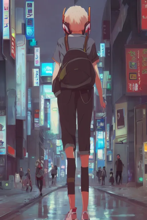 Prompt: anime teen with headphones walking at the streets of tokyo at dawn, wlop, concept art, digital painting, trending on artstation, highly detailed, epic composition, 8 k uhd