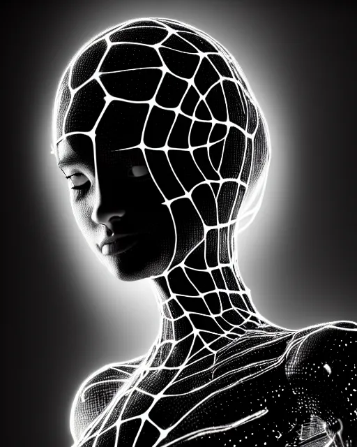 Image similar to black and white cyborg-plant goddess high quality photo, artificial intelligence, bio-mechanical bio-luminescence, artificial spider web, neurons, nerve cells, octane render, cinematic, hyper realism, photo-realistic, high detail, 8k, in the style of Steven Meisel and Dora Maar and H.G. Giger