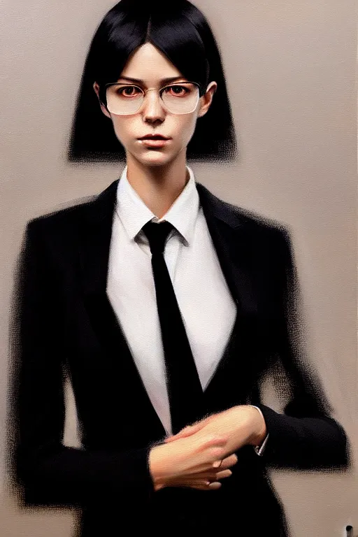 Image similar to a ultradetailed beautiful portrait panting of a stylish woman wearing a black loose fit suit with a tie, oil painting, by ilya kuvshinov, greg rutkowski and makoto shinkai, trending on artstation