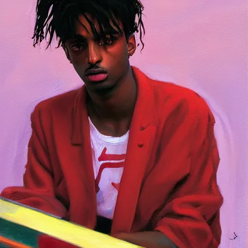 Prompt: oil painting of a Playboi Carti in the style of syd mead and john william waterhouse