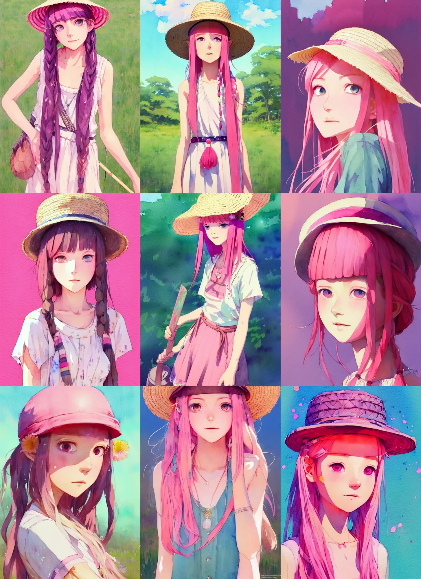 Prompt: portrait of a cute girl with pink hair with straw hat dress in boho style camping, symmetry face, top lighting, cute - fine - face, ( watercolor ), artstation, art by hidari and krenz cushart and wenjun lin and starember and kuvshinov ilya and kidmo and conrad roset and and makoto shinkai