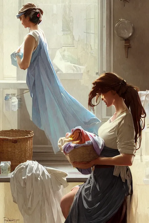 Image similar to portrait of rural pregnant woman doing laundry, digital painting, artstation, concept art, smooth, sharp focus, illustration, art by artgerm and greg rutkowski and alphonse mucha