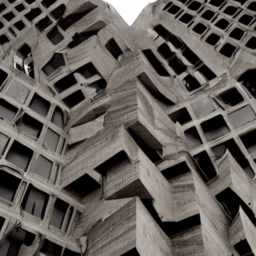 Image similar to a fantastical twisted brutalist tower