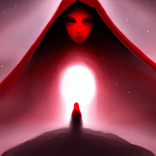 Image similar to a red cloaked being with a face of the stars sits looking at the camera, the scenery is beautiful and eerie, artstation, artistic, stylized