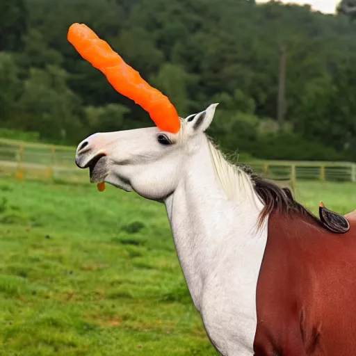 Prompt: a horse licking a carrot shaped ice lolly