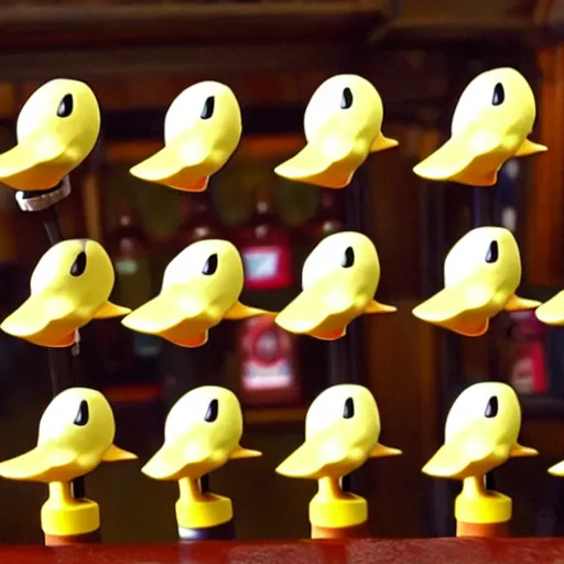 Image similar to 5 ducks pointing microphones at each other in a british pub as a photo