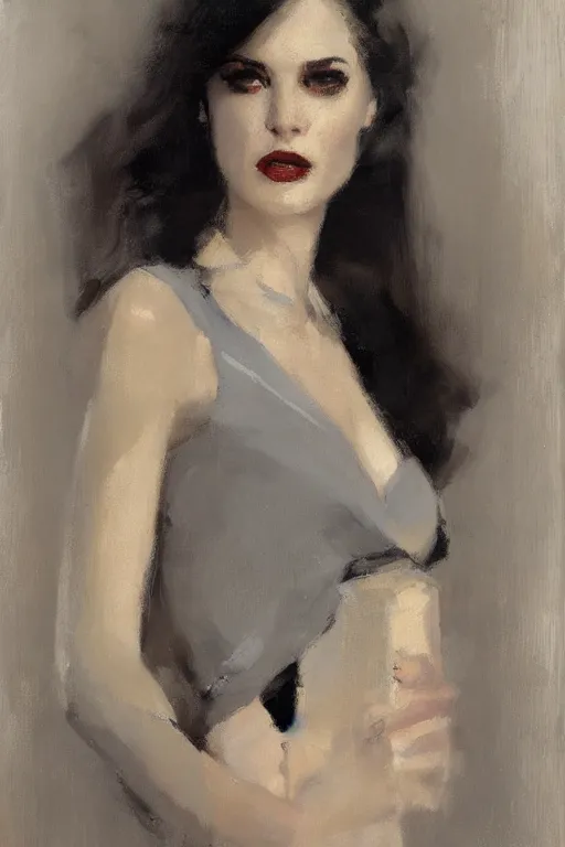 Image similar to Richard Schmid and Jeremy Lipking full length portrait painting of film noir femme fatale