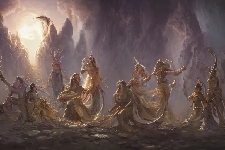 Image similar to the muses. sacred singers they who took up the strings of the deep, and turned the cacophony of an angry world into songs of unity and peace. morning lighting, cinematic fantasy painting, dungeons and dragons, jessica rossier and brian froud