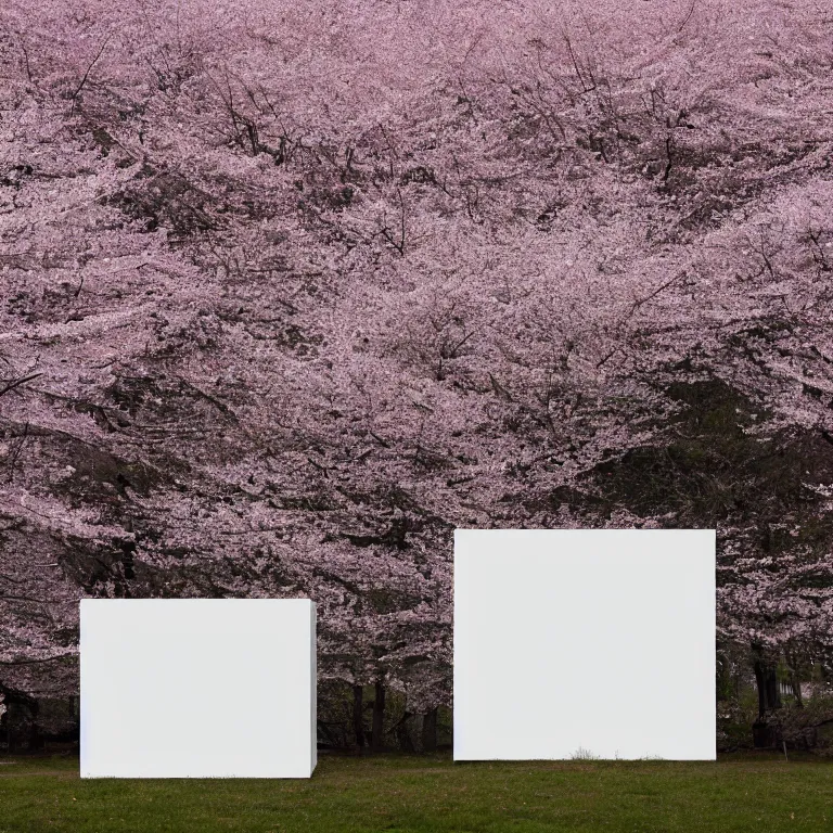 Image similar to a photograph of a white concrete cube sitting center frame in the middle of a cherry blossom forest, foggy, liminal