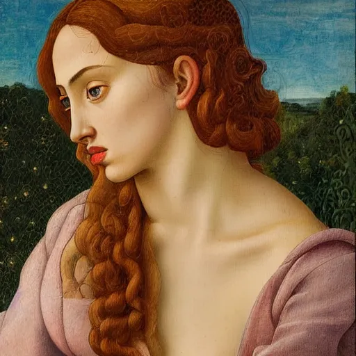 Prompt: a detailed profile portrait oil painting of a very young italian woman resembling scarlett johansson and ana de armas, in the style of boticelli's young woman in mythological guise, by boticelli and davinci