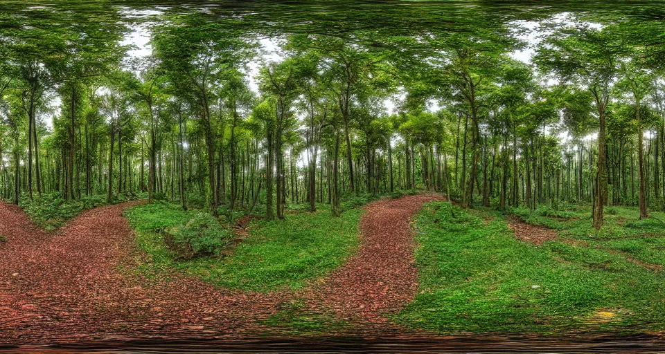 Prompt: A panoramic 360 landscape photo of beautiful forest pathway scenery. PROMPT, XF IQ4, 150MP, 50mm, f/1.4, ISO 200, 1/160s, natural light, Adobe Photoshop, Adobe Lightroom, DxO Photolab, Corel PaintShop Pro, rule of thirds, symmetrical balance, depth layering, polarizing filter, Sense of Depth, AI enhanced