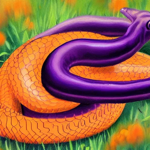 Image similar to a orange and black snake in a purple field realistic painting highly detailed