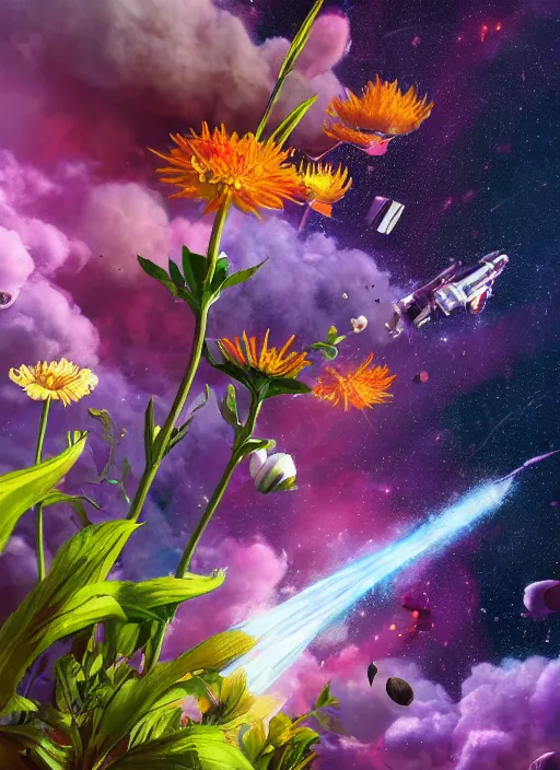 Prompt: An epic fantastic realism comic book style painting of the most beautiful flowers launched into space, bouquets, dark cosmos, fisheye lens, unreal 5, DAZ, hyperrealistic, octane render, dynamic lighting