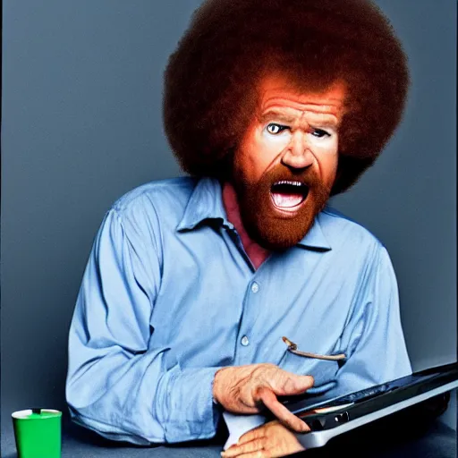 Image similar to angry bob ross screaming at his laptop