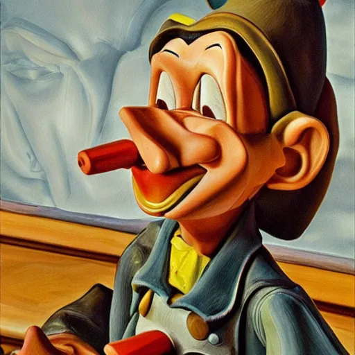 Prompt: disney's pinocchio cartoon puppet, high quality high detailed painting by lucian freud, hd, photorealistic lighting