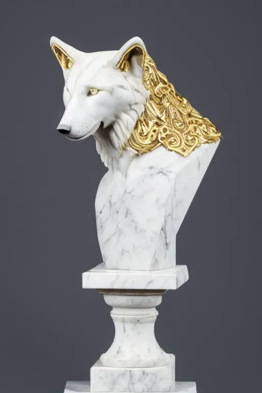 Image similar to a white marble bust of a wolf with gold filigree