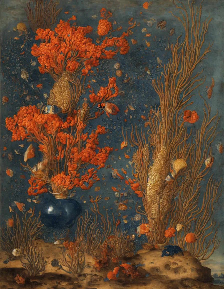 Image similar to bottle vase of coral under the sea decorated with a dense field of stylized scrolls that have opaque outlines enclosing mottled blue washes, with orange shells and purple fishes, Ambrosius Bosschaert the Elder, oil on canvas, around the edges there are no objects