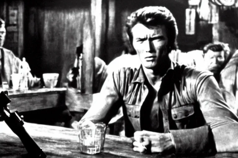 Prompt: film still of young clint eastwood aiming a colt in tavern scene in new star wars 4 k