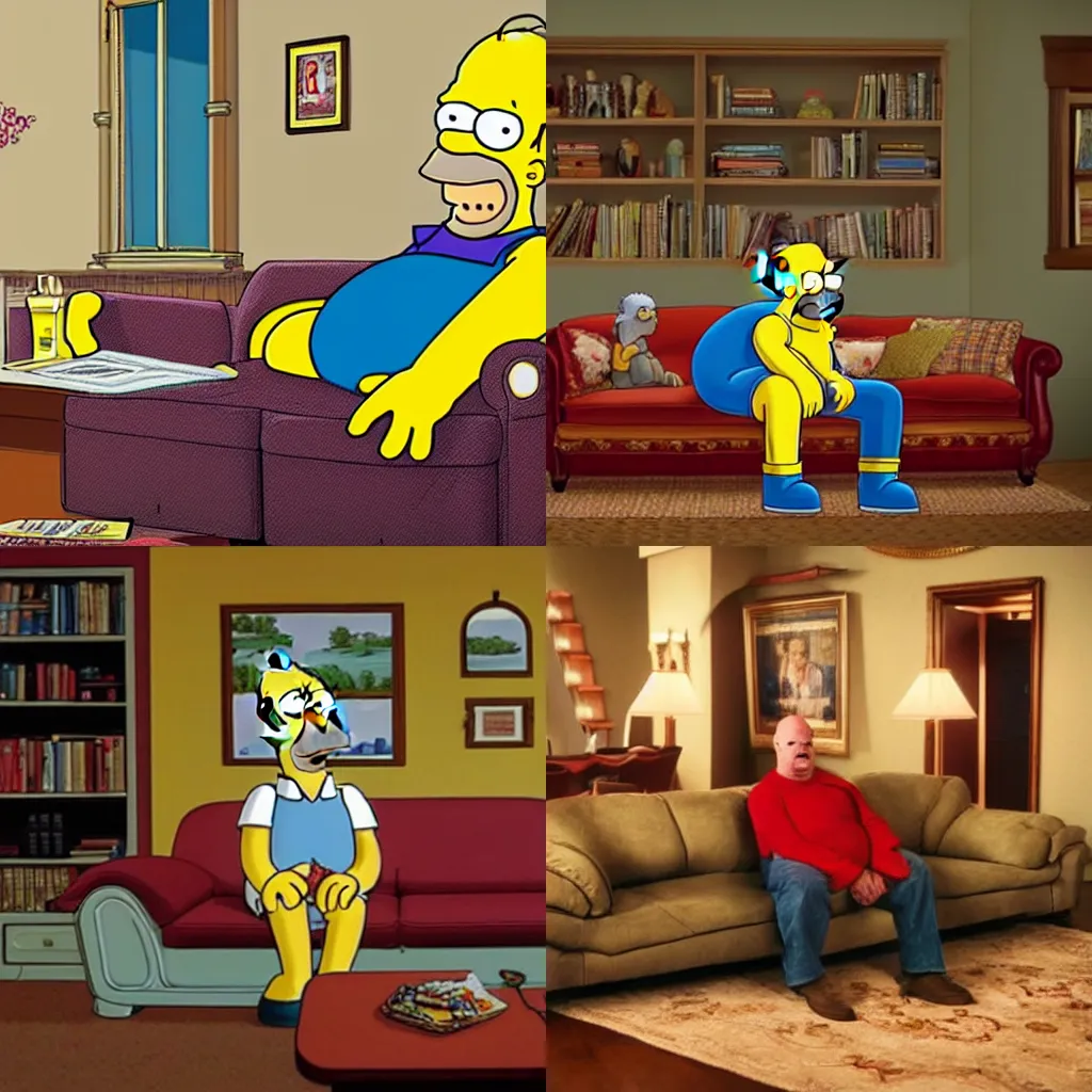 Prompt: <photo name='homer simpson' age='45' lighting=great hd sitcom>Homer Simpson sits on his couch</photo>