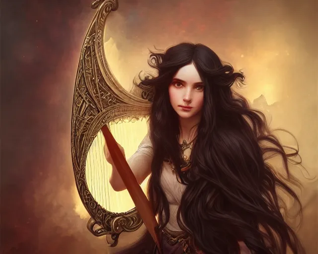 Image similar to photography of a dark long haired elve playing harp, deep focus, d & d, fantasy, intricate, elegant, highly detailed, digital painting, artstation, concept art, matte, sharp focus, illustration, hearthstone, art by artgerm and greg rutkowski and alphonse mucha